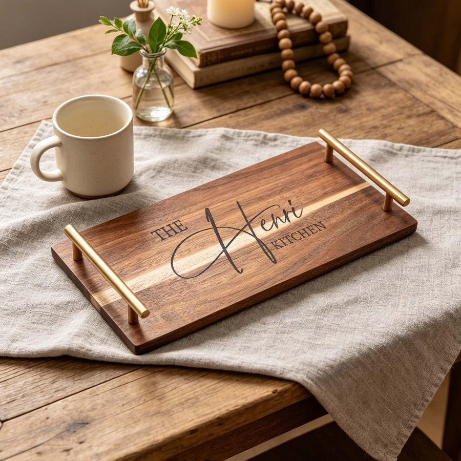 Engraved Acacia Serving Tray with Handles: acacia tray engraved with a family name, with a coffee cup