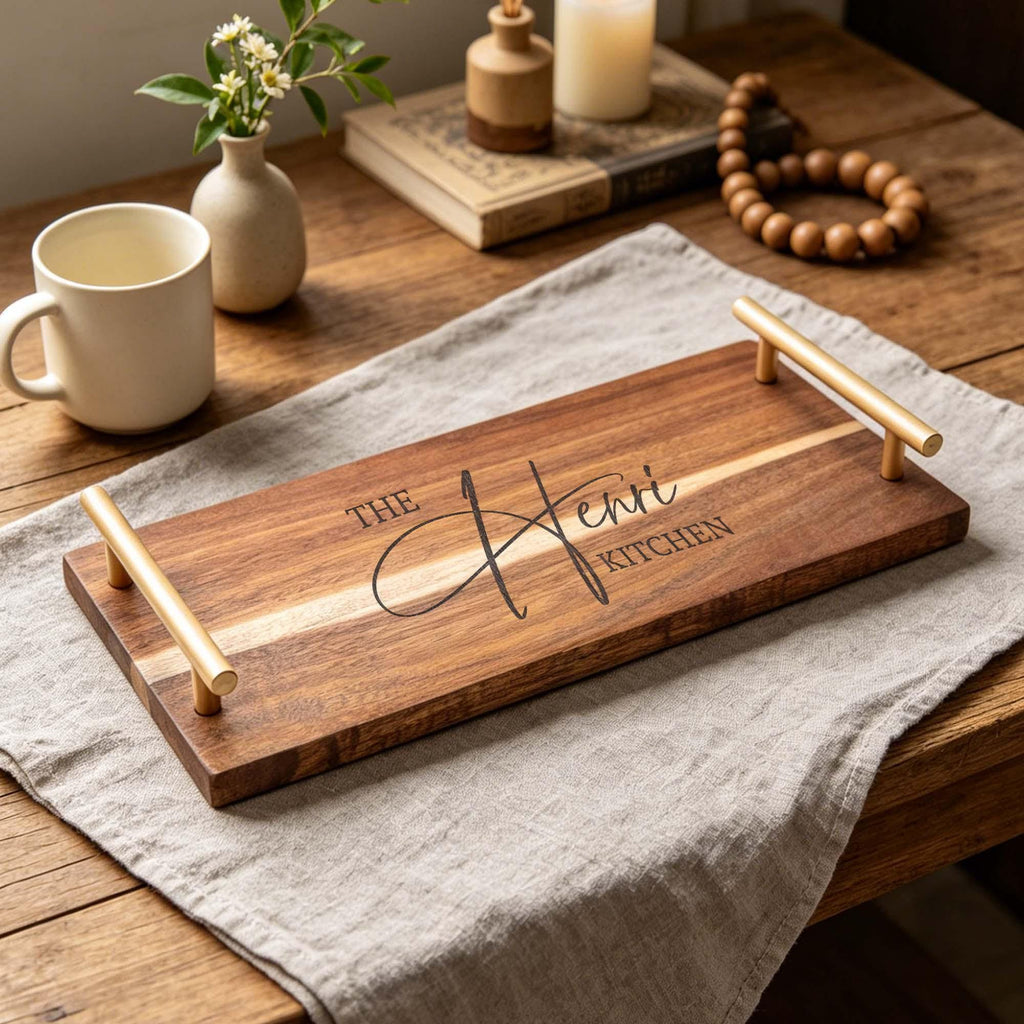 Engraved Acacia Serving Tray with Handles: engraved acacia serving tray with gold-tone handles on a linen-covered table