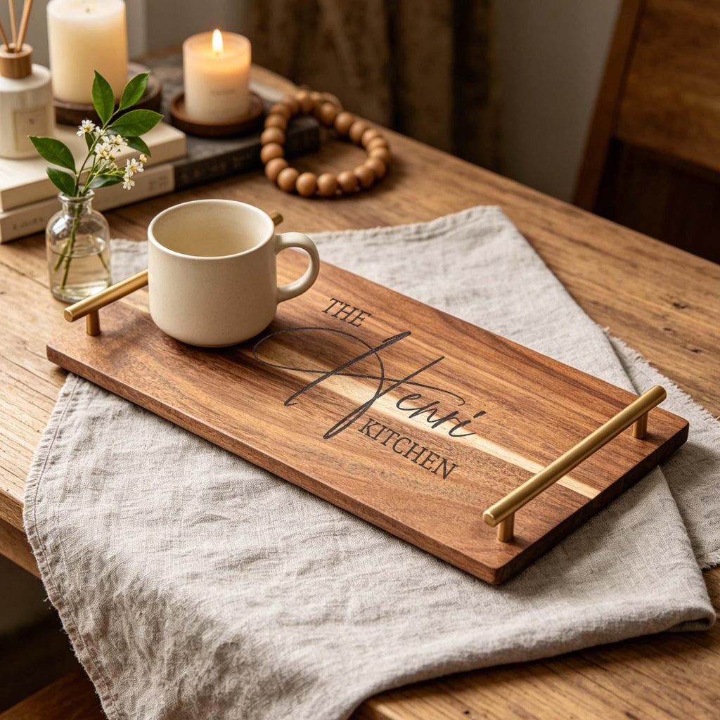 Engraved Acacia Serving Tray with Handles: engraved acacia tray with a cup, candle and flowers