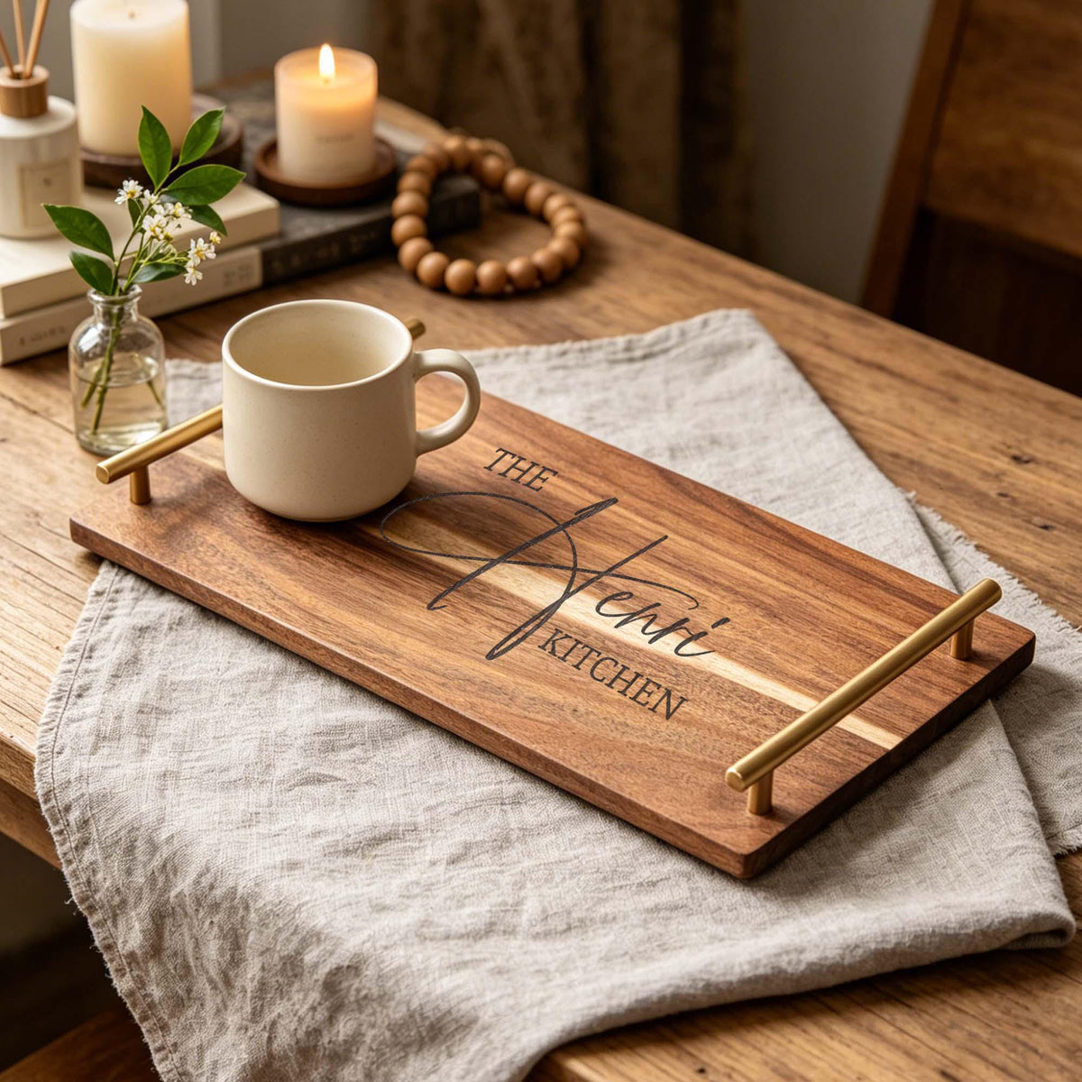 Engraved Acacia Serving Tray with Handles: engraved acacia tray with a cup, candle and flowers