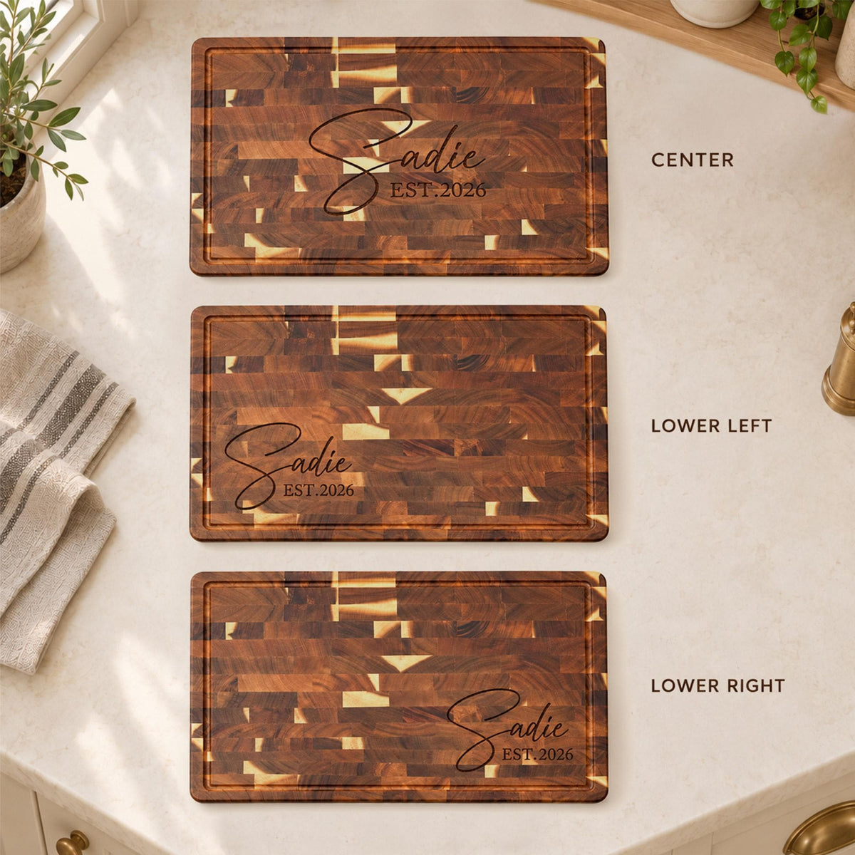 Engraved Waffle-Pattern End-Grain Board: engraving positions: centre, lower left and lower right
