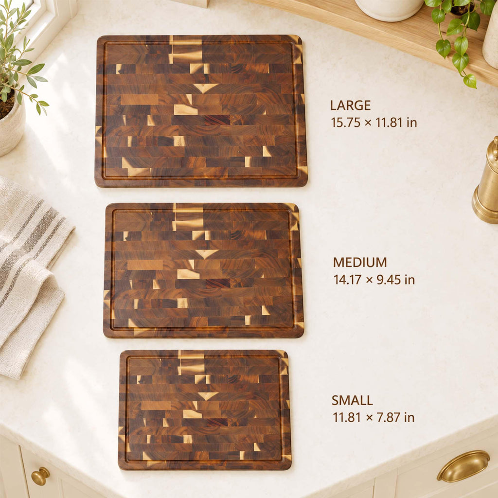 Engraved Waffle-Pattern End-Grain Board: the board in small, medium and large sizes