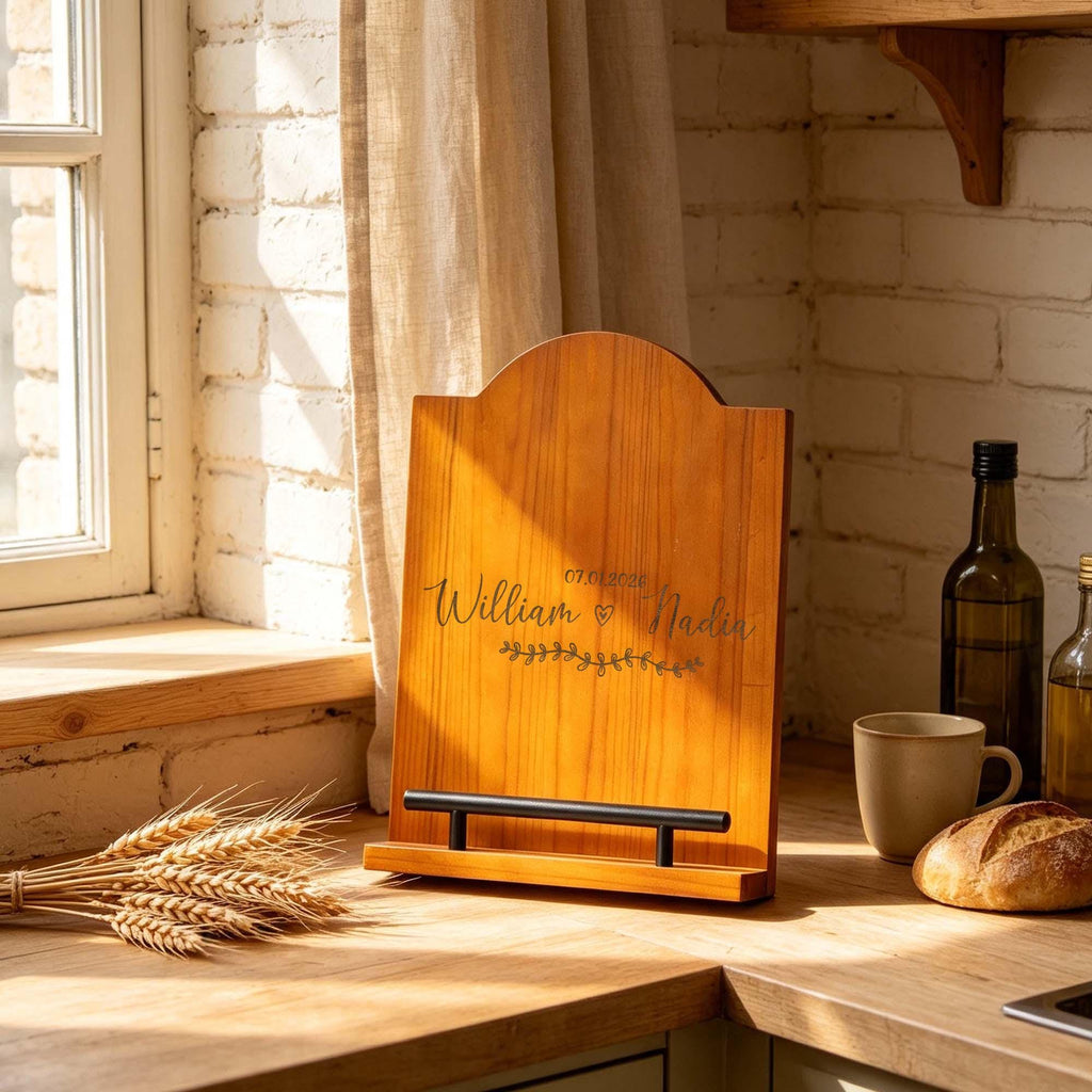Personalised Acacia Cookbook Stand: personalised acacia cookbook stand engraved with two names on a kitchen worktop