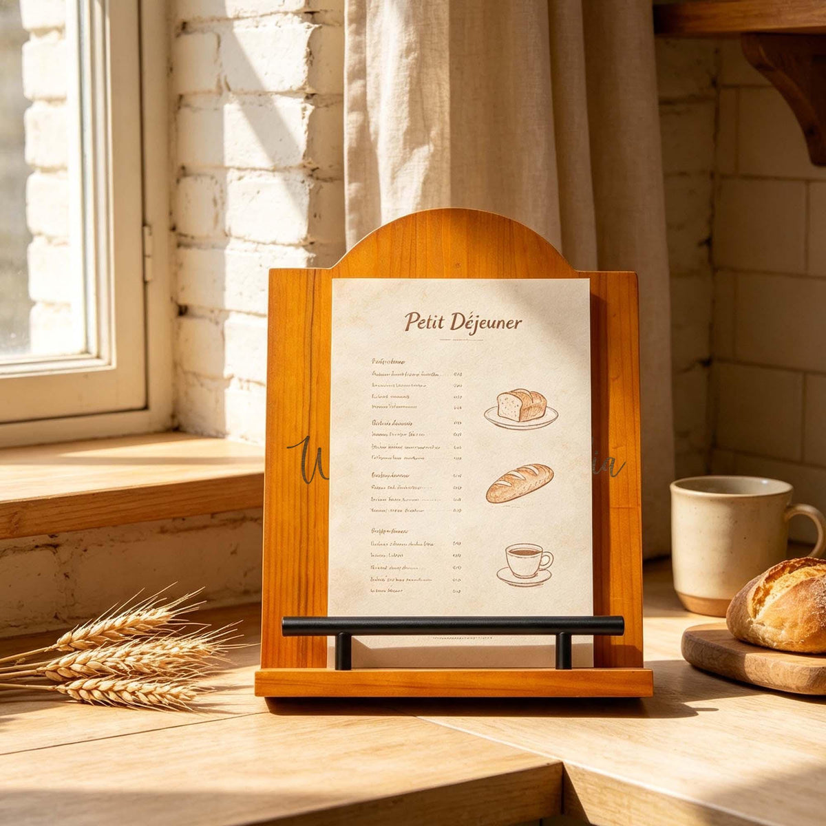 Personalised Acacia Cookbook Stand: acacia cookbook stand holding an open recipe page