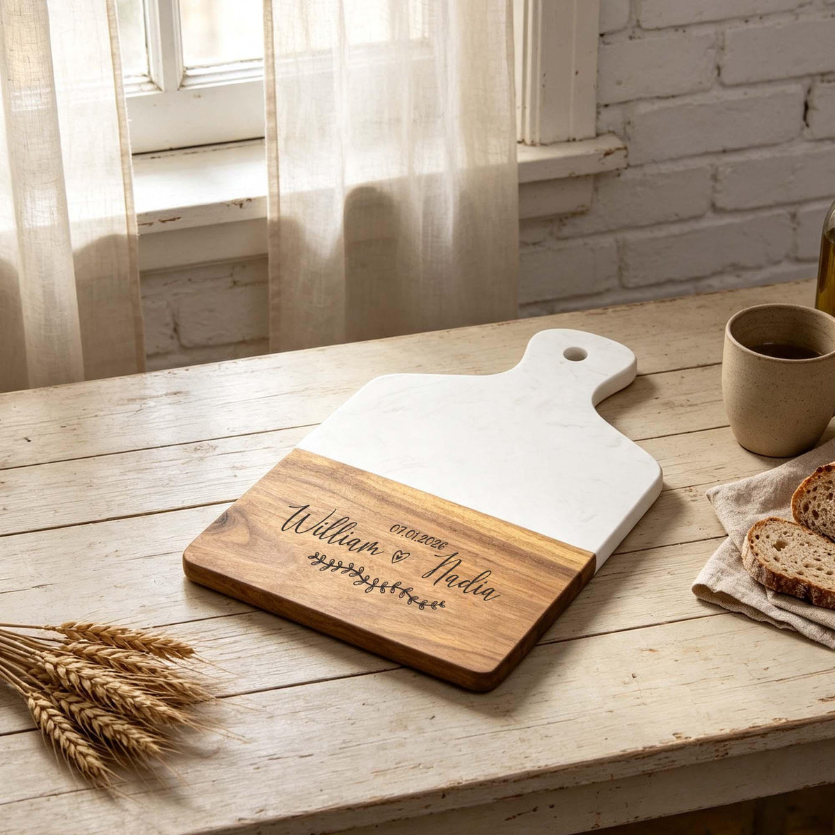 Personalised Marble & Acacia Serving Board with Handle: marble and acacia serving board lying on a rustic table