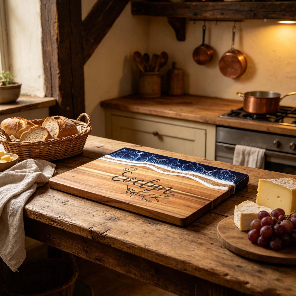 Personalised Ocean Resin & Acacia Charcuterie Board: ocean resin board engraved with a name, with cheese and grapes