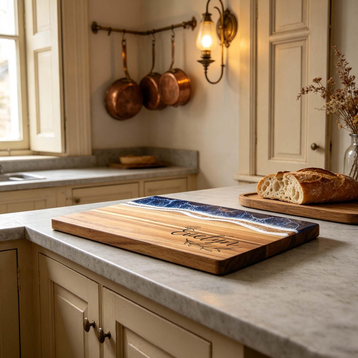 Personalised Ocean Resin & Acacia Charcuterie Board: engraved ocean resin board on a kitchen counter