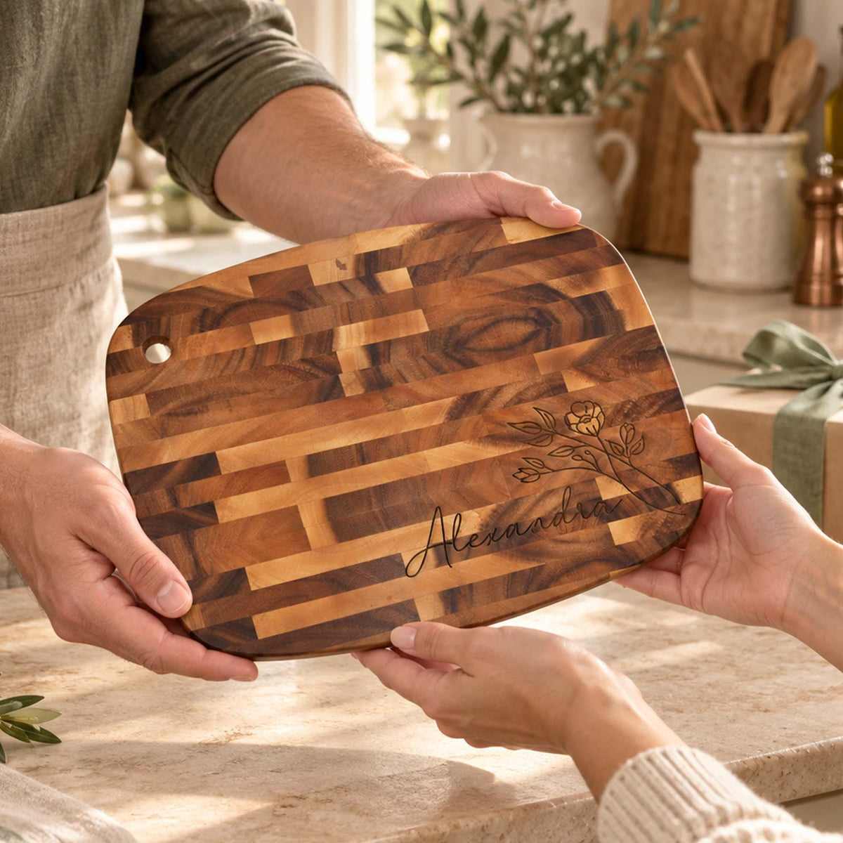 Personalised Reversible End-Grain Acacia Board: engraved reversible acacia board held in two hands
