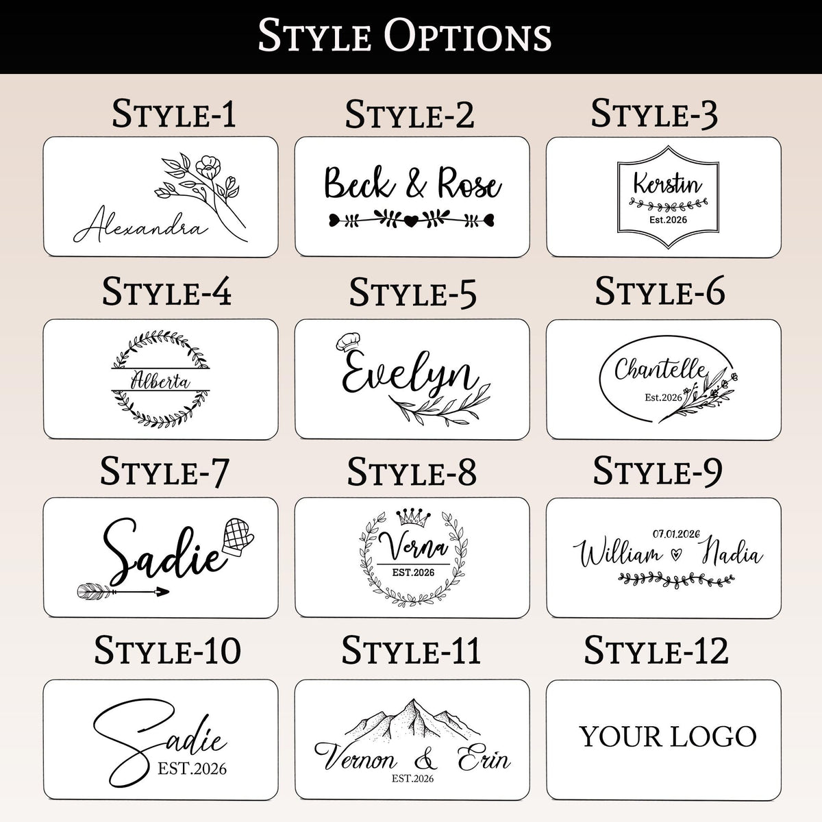 Personalised Reversible End-Grain Acacia Board: chart of the twelve engraving styles