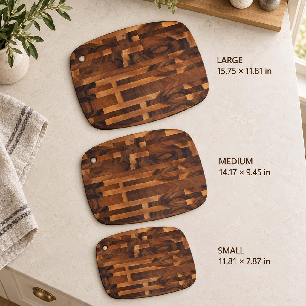 Personalised Reversible End-Grain Acacia Board: the board in small, medium and large sizes