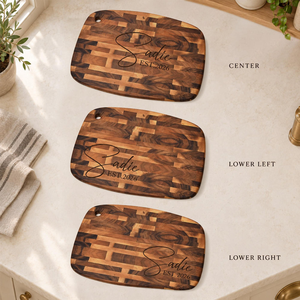 Personalised Reversible End-Grain Acacia Board: engraving positions: centre, lower left and lower right