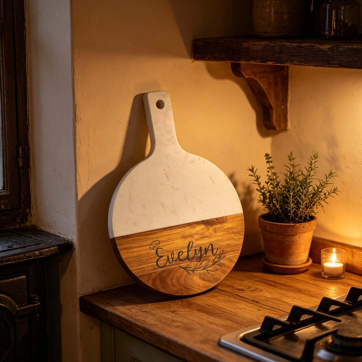 Personalised Round Marble & Acacia Serving Board: round marble and acacia serving board in warm evening light