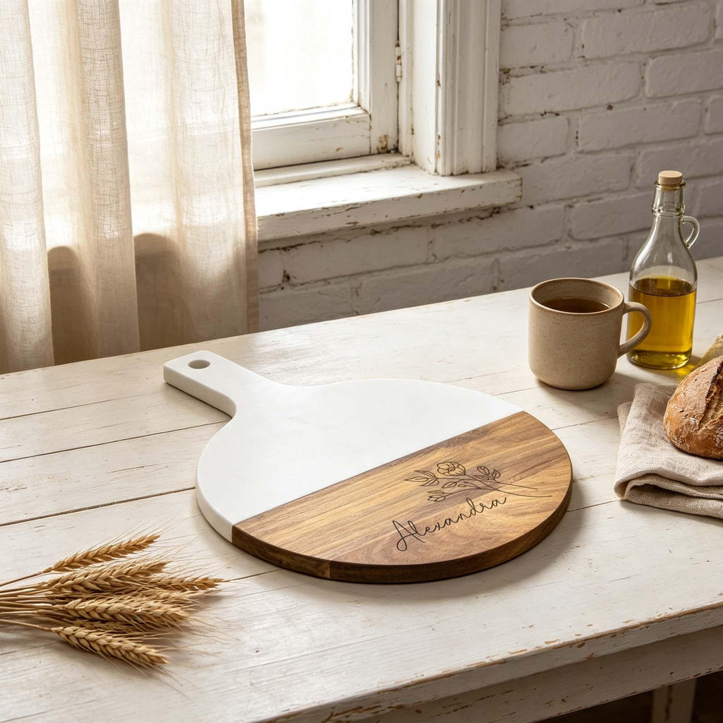 Personalised Round Marble & Acacia Serving Board: round marble and acacia board lying on a kitchen table