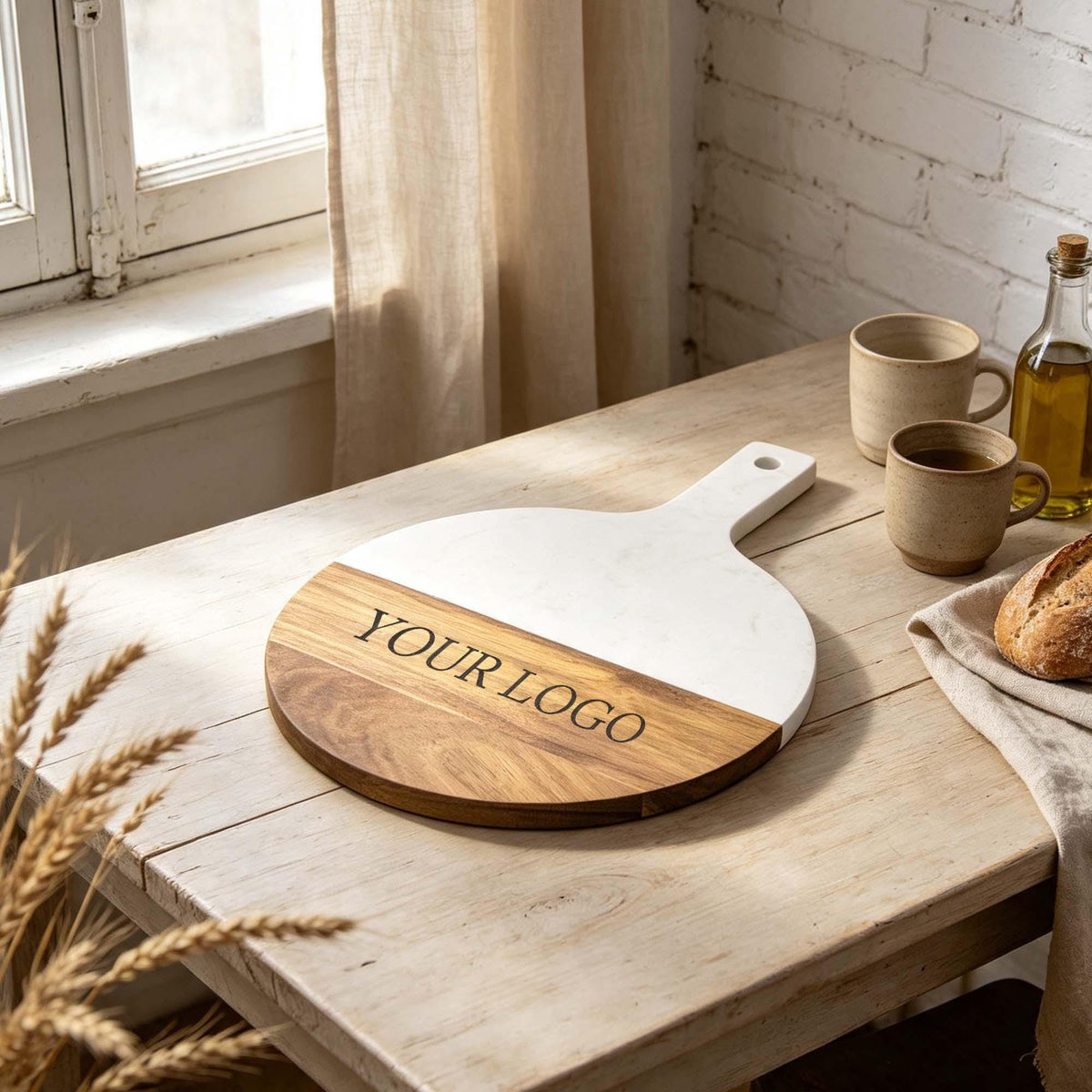 Personalised Round Marble & Acacia Serving Board: example of a logo engraved on the acacia section